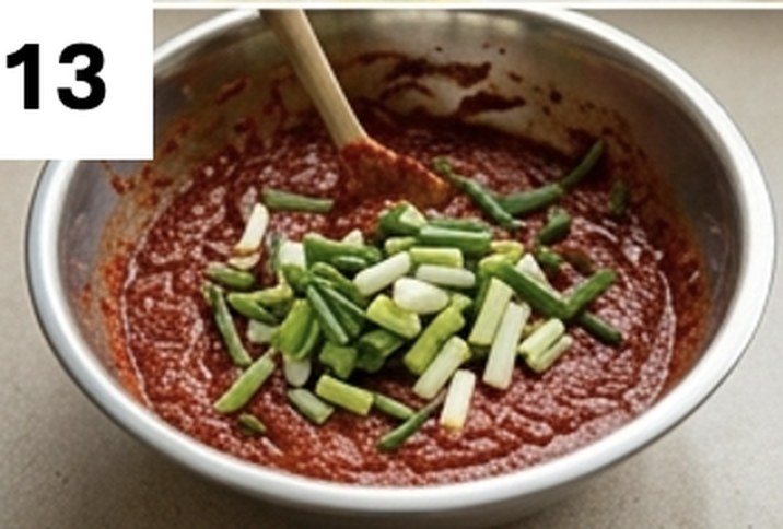 Step 13: cut green onions stirred into the marinade in a mixing bowl