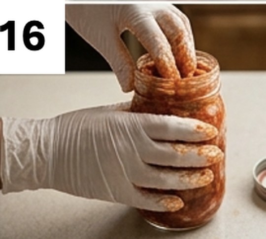 Step 16: pressing the packed kimchi down firmly in a mason jar to remove air bubbles