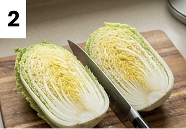 Step 2: each cabbage cut lengthwise into quarters on a cutting board