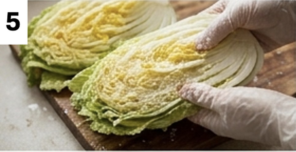 Step 5: rubbing mineral sea salt between the cabbage leaves by hand